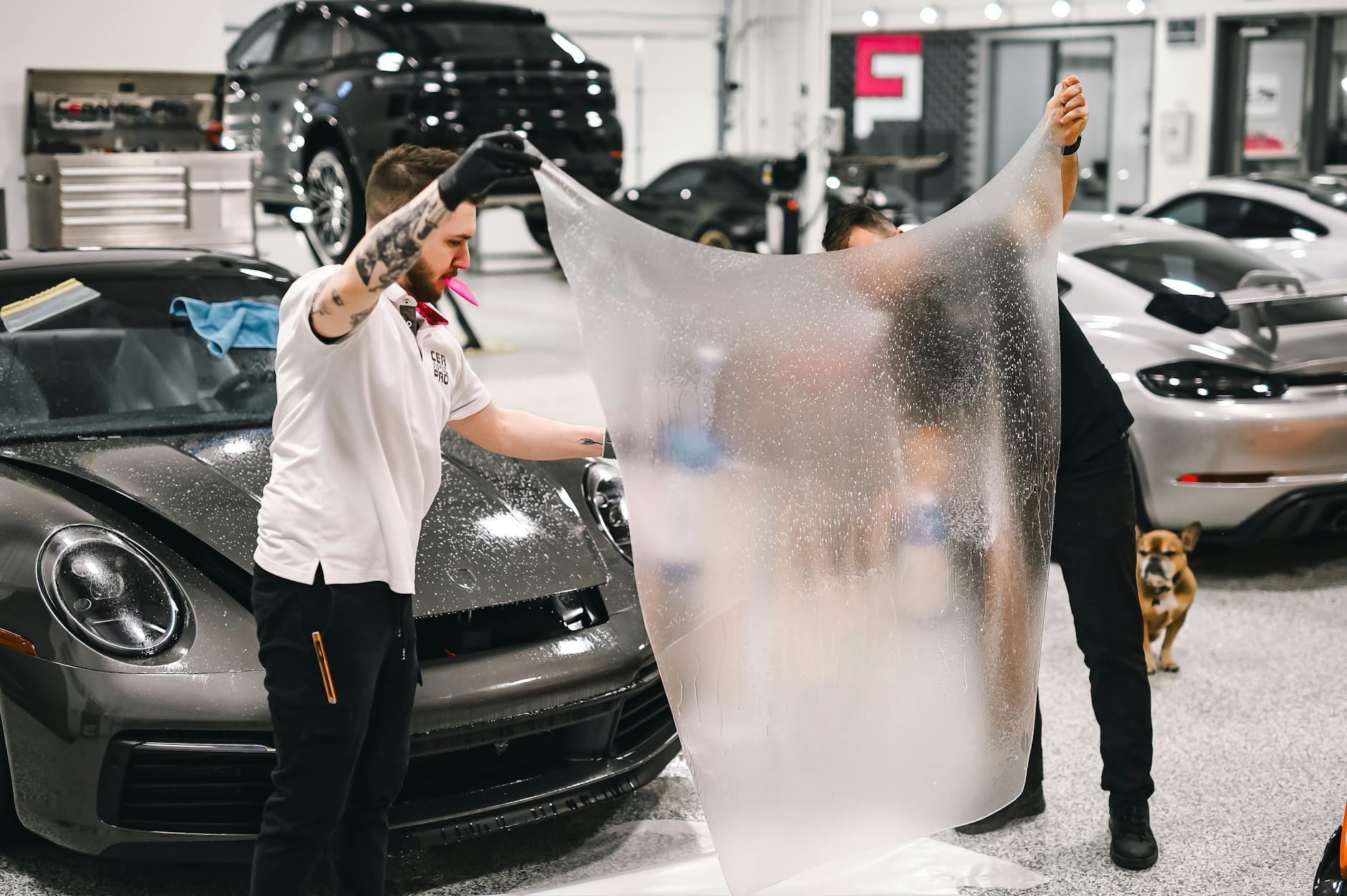 Specjaliści nakładają folię PPF na luksusowe auto w nowoczesnym garażu